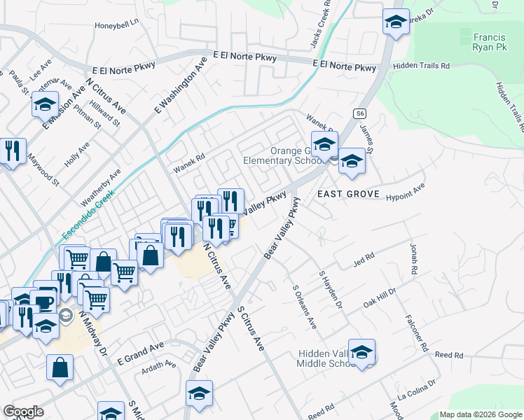 map of restaurants, bars, coffee shops, grocery stores, and more near 2549 East Valley Parkway in Escondido