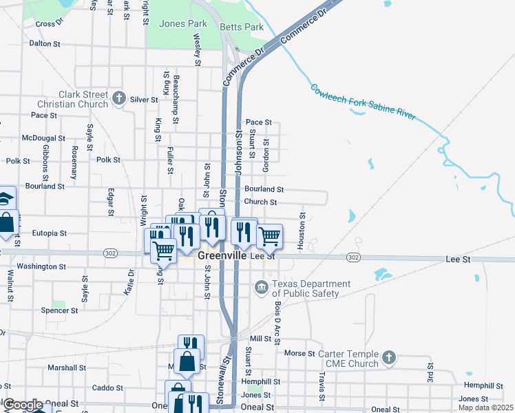 map of restaurants, bars, coffee shops, grocery stores, and more near 2311 Church Street in Greenville