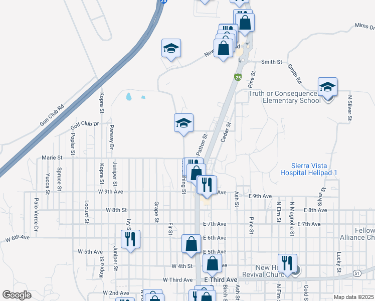 map of restaurants, bars, coffee shops, grocery stores, and more near 1203 North Pershing Street in Truth or Consequences
