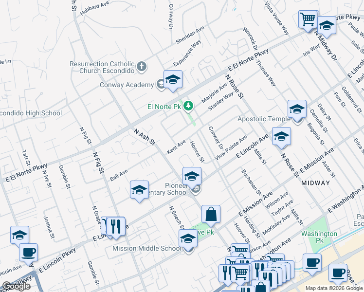 map of restaurants, bars, coffee shops, grocery stores, and more near 1243 Kent Avenue in Escondido