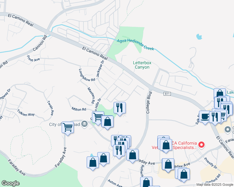 map of restaurants, bars, coffee shops, grocery stores, and more near 2292 Lindsay Drive in Carlsbad