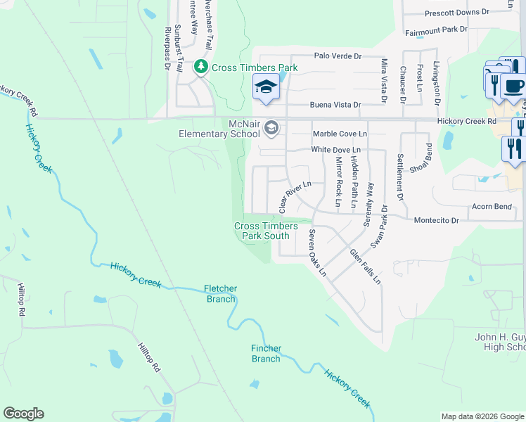 map of restaurants, bars, coffee shops, grocery stores, and more near 8209 Winding Stream Lane in Denton