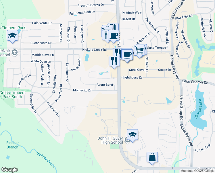 map of restaurants, bars, coffee shops, grocery stores, and more near 2408 Acorn Bend in Denton