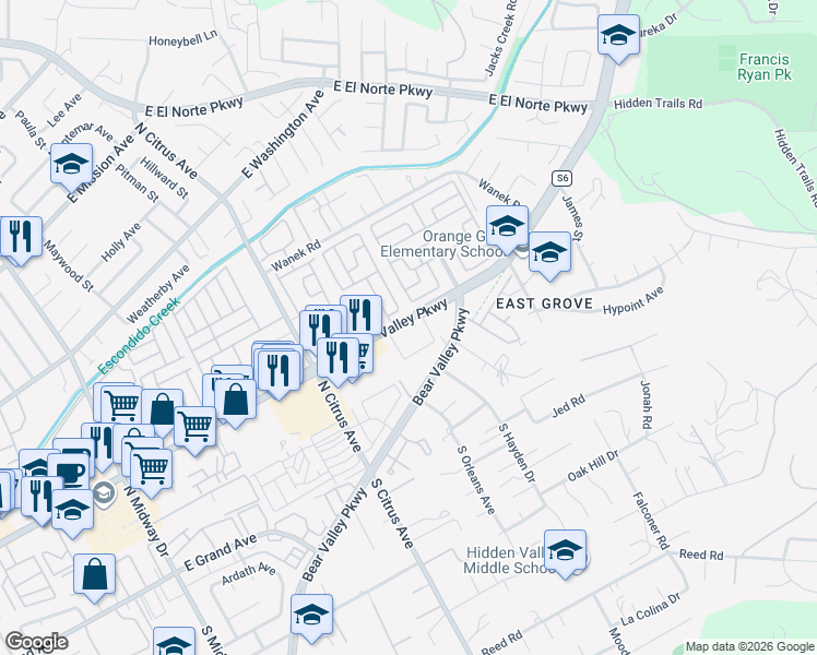 map of restaurants, bars, coffee shops, grocery stores, and more near 2549 East Valley Parkway in Escondido