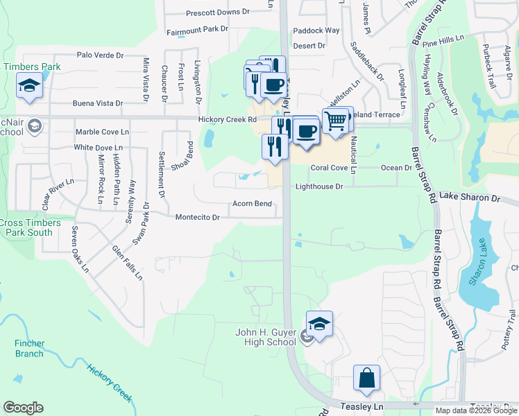 map of restaurants, bars, coffee shops, grocery stores, and more near 2408 Acorn Bend in Denton