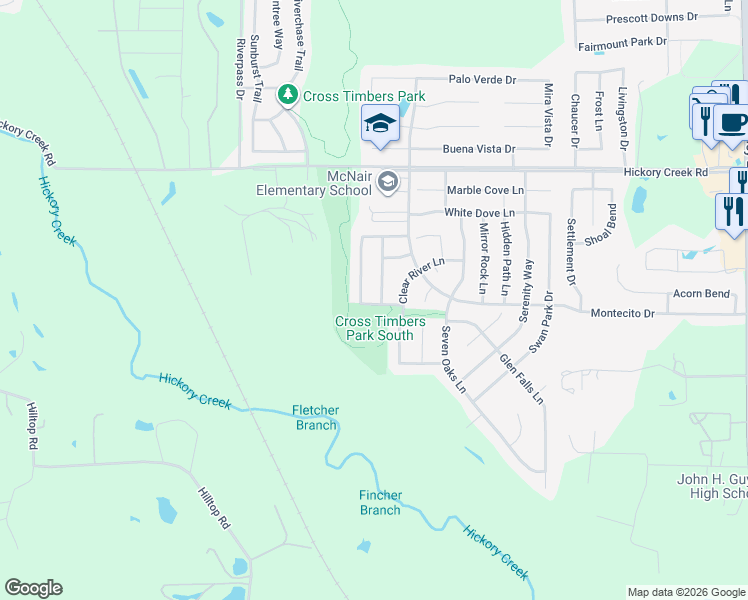 map of restaurants, bars, coffee shops, grocery stores, and more near 8209 Winding Stream Lane in Denton