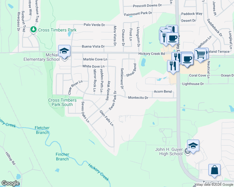 map of restaurants, bars, coffee shops, grocery stores, and more near 8209 Swan Park Drive in Denton