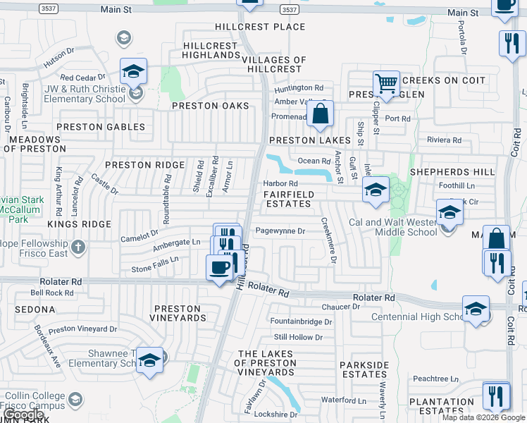 map of restaurants, bars, coffee shops, grocery stores, and more near 11114 Covey Lane in Frisco