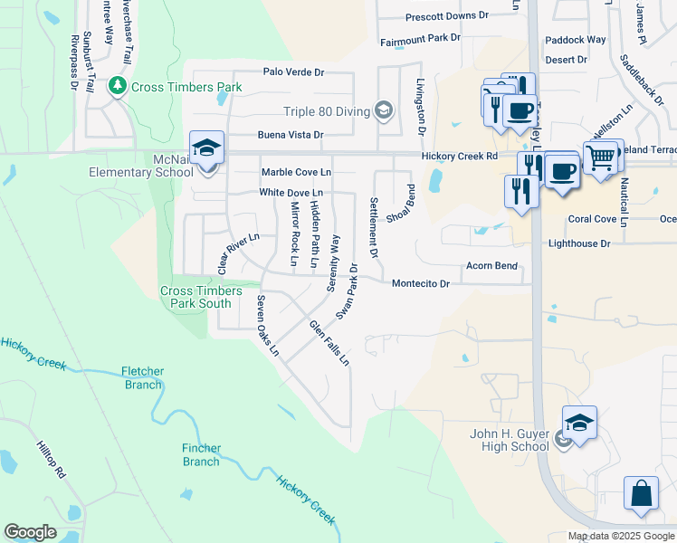 map of restaurants, bars, coffee shops, grocery stores, and more near 8209 Serenity Way in Denton