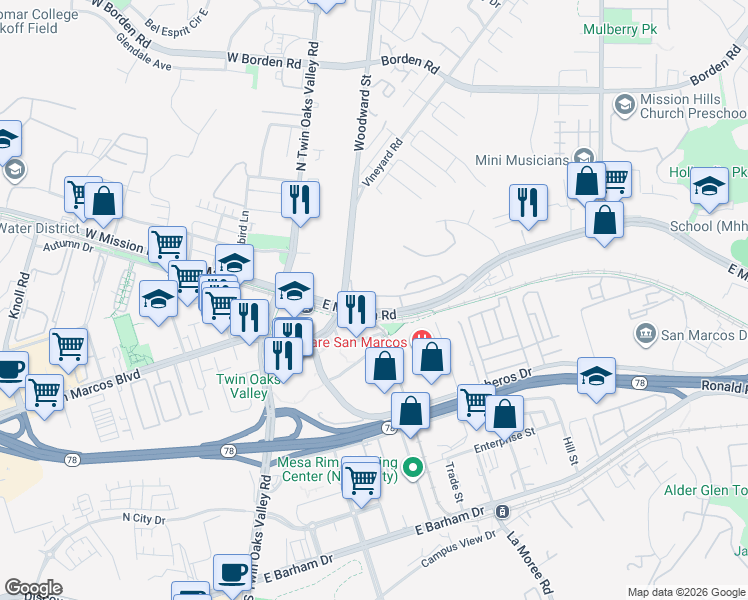 map of restaurants, bars, coffee shops, grocery stores, and more near 229 Mission Villas Road in San Marcos