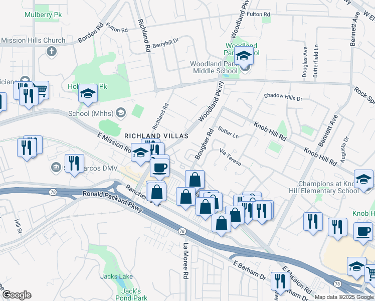 map of restaurants, bars, coffee shops, grocery stores, and more near 260 Candera Lane in San Marcos
