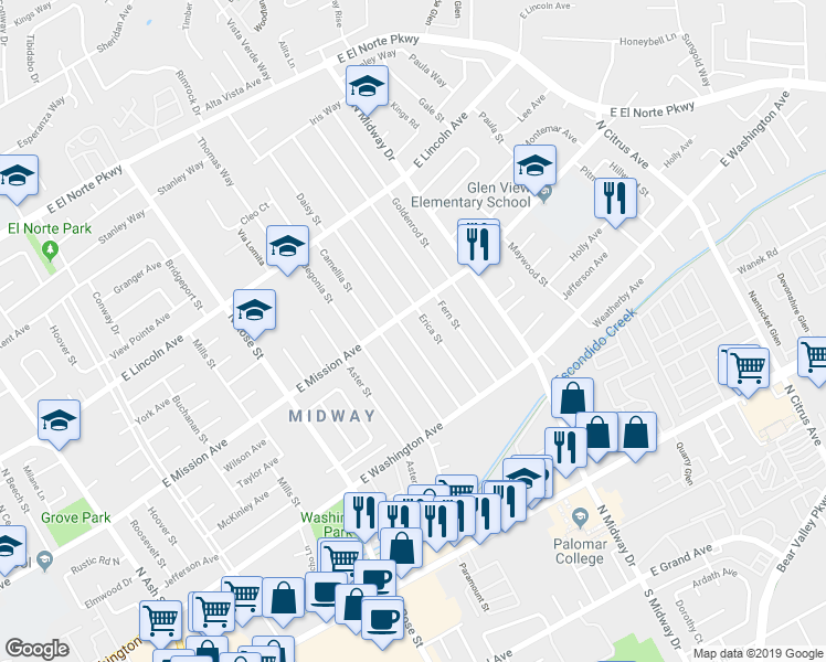 map of restaurants, bars, coffee shops, grocery stores, and more near 740 Daisy Street in Escondido