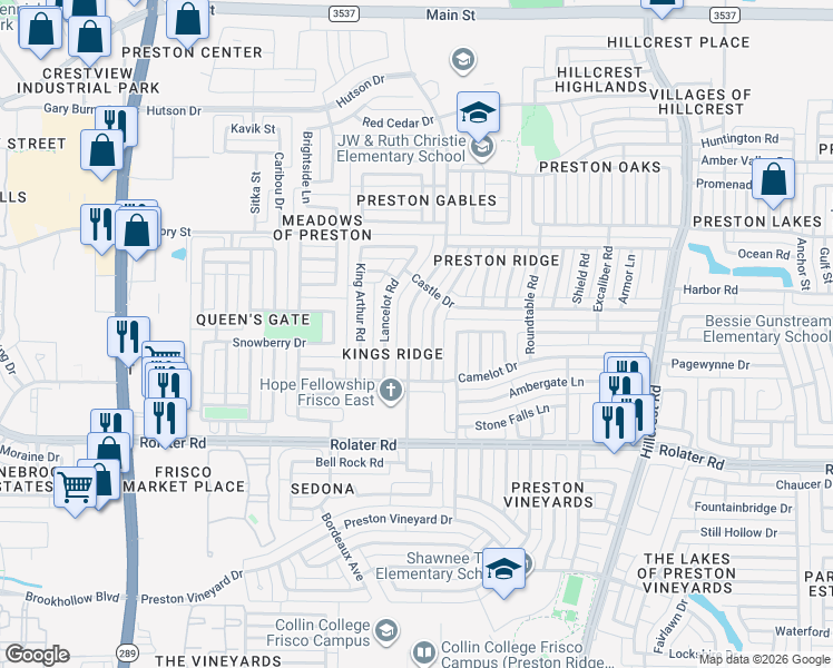 map of restaurants, bars, coffee shops, grocery stores, and more near 7670 Kings Ridge Road in Frisco