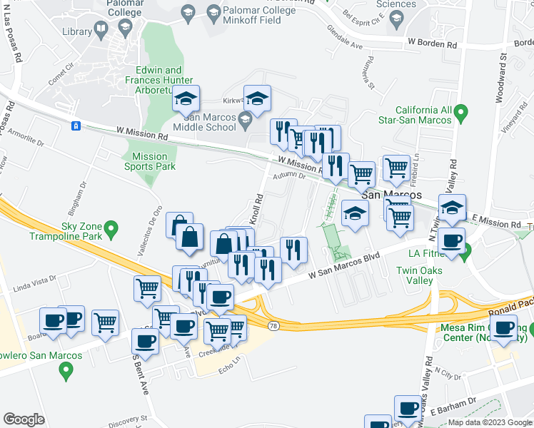 map of restaurants, bars, coffee shops, grocery stores, and more near 243 Knoll Road in San Marcos