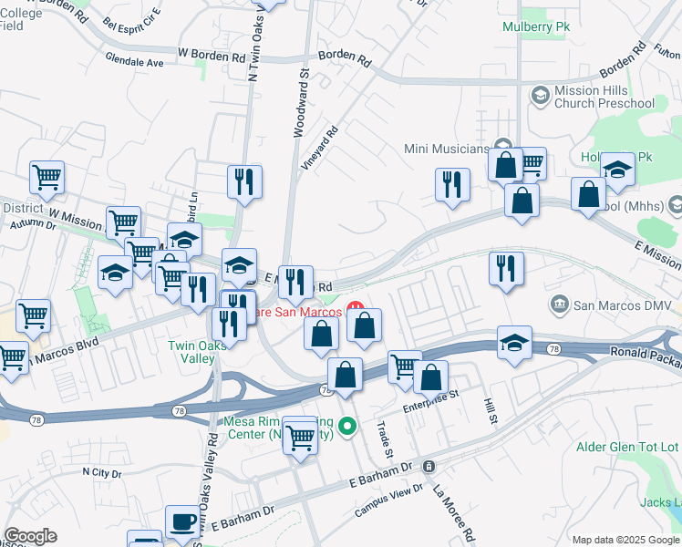 map of restaurants, bars, coffee shops, grocery stores, and more near 173 Mission Villas Road in San Marcos