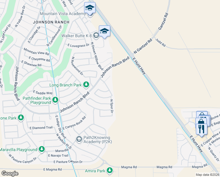 map of restaurants, bars, coffee shops, grocery stores, and more near 1227 East Saddle Way in Queen Creek