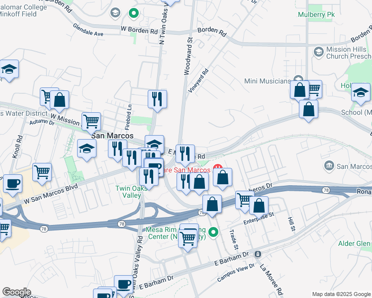 map of restaurants, bars, coffee shops, grocery stores, and more near 177 Mission Villas Road in San Marcos