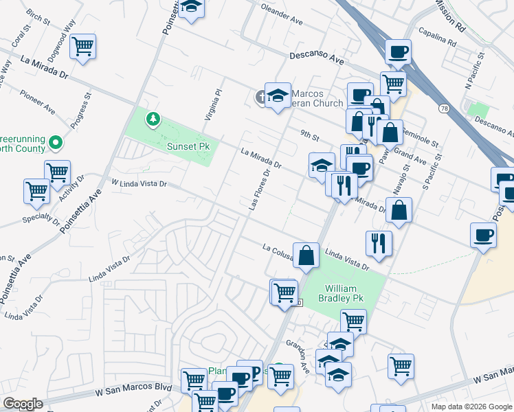 map of restaurants, bars, coffee shops, grocery stores, and more near 680 Las Flores Drive in San Marcos