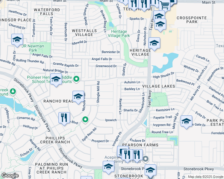 map of restaurants, bars, coffee shops, grocery stores, and more near 7637 Big Buckle Drive in Frisco