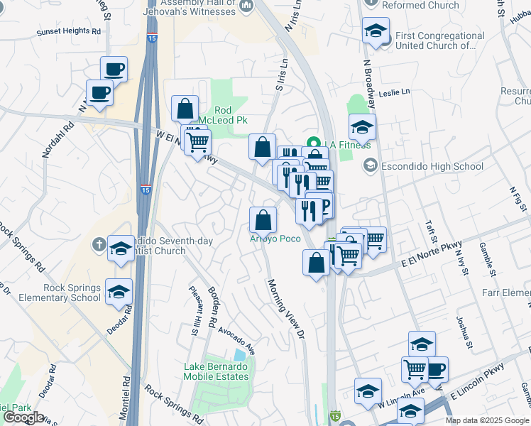 map of restaurants, bars, coffee shops, grocery stores, and more near 239 Morning View Drive in Escondido