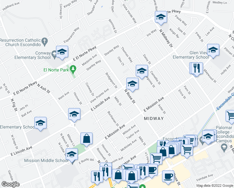 map of restaurants, bars, coffee shops, grocery stores, and more near 1518 East Lincoln Avenue in Escondido