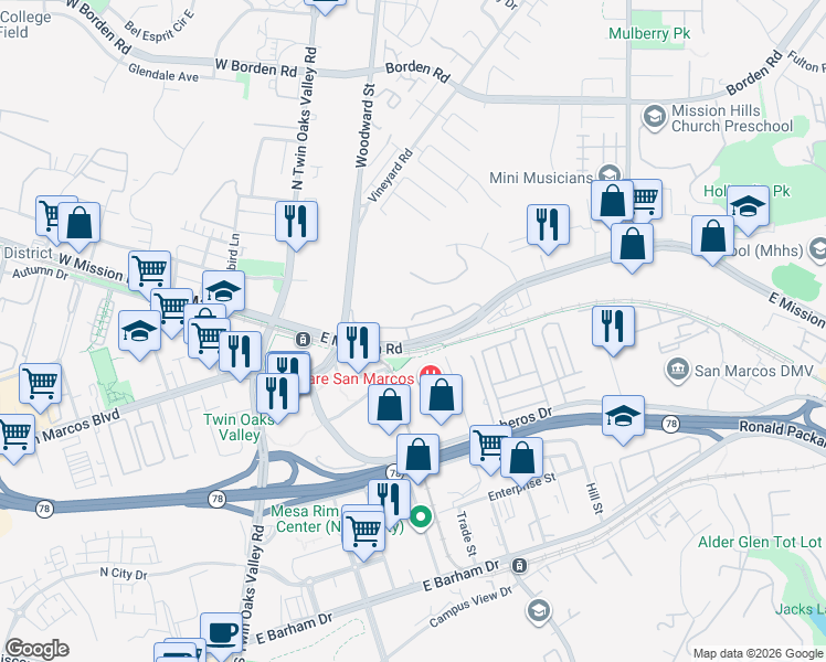 map of restaurants, bars, coffee shops, grocery stores, and more near 303 Mission Villas Road in San Marcos