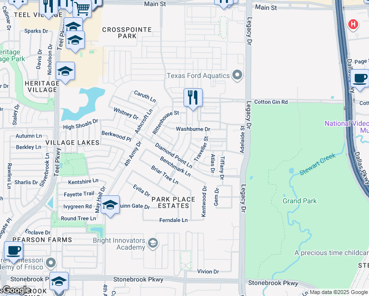 map of restaurants, bars, coffee shops, grocery stores, and more near 7713 Cassion Drive in Frisco