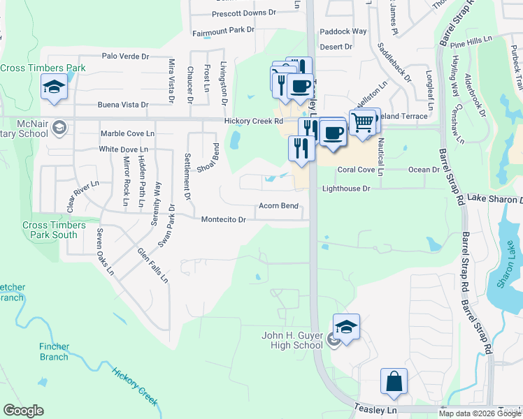 map of restaurants, bars, coffee shops, grocery stores, and more near 2304 Acorn Bend in Denton