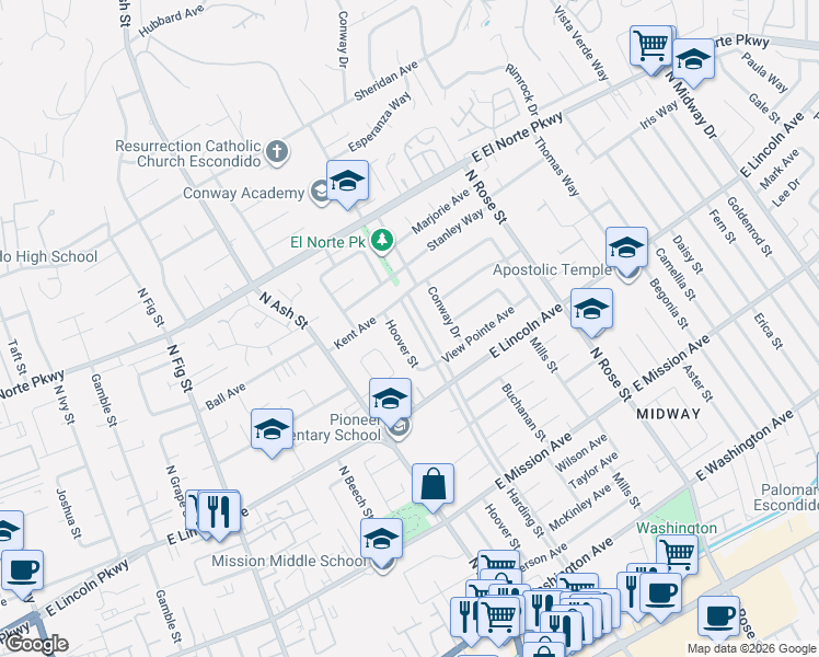 map of restaurants, bars, coffee shops, grocery stores, and more near 1119 Harding Street in Escondido