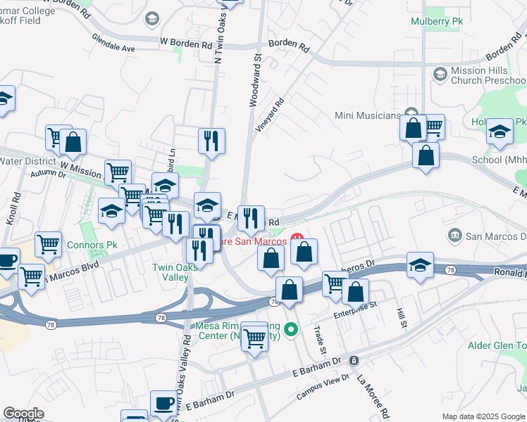 map of restaurants, bars, coffee shops, grocery stores, and more near 260 East Mission Road in San Marcos