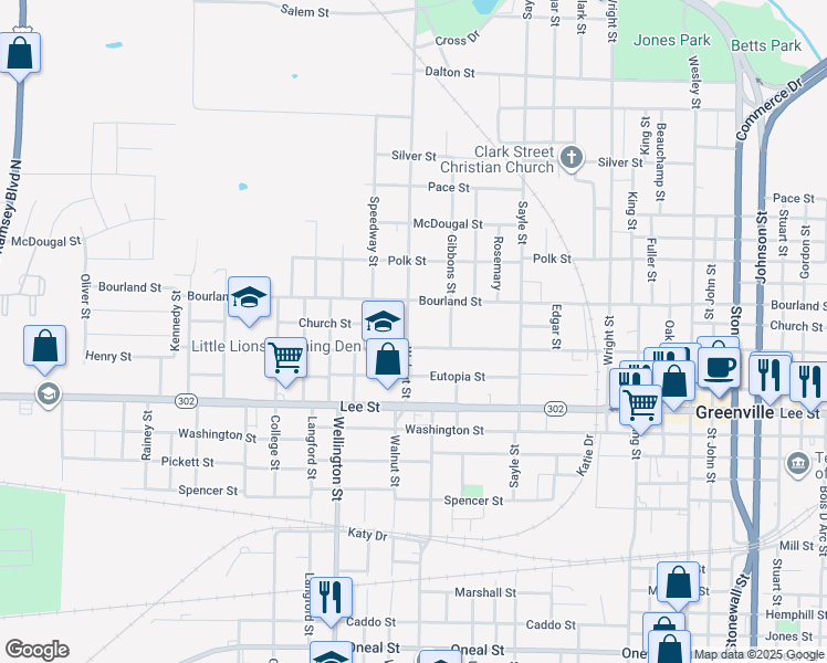 map of restaurants, bars, coffee shops, grocery stores, and more near 2016 Walnut Street in Greenville