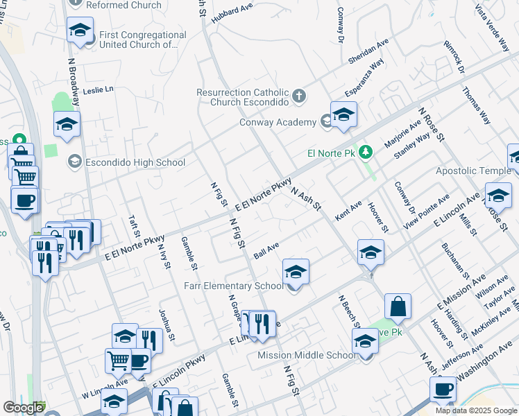 map of restaurants, bars, coffee shops, grocery stores, and more near 1248 Tower Lane in Escondido