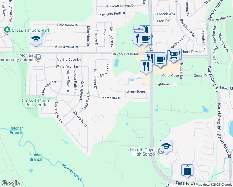 map of restaurants, bars, coffee shops, grocery stores, and more near 2204 Acorn Bend in Denton