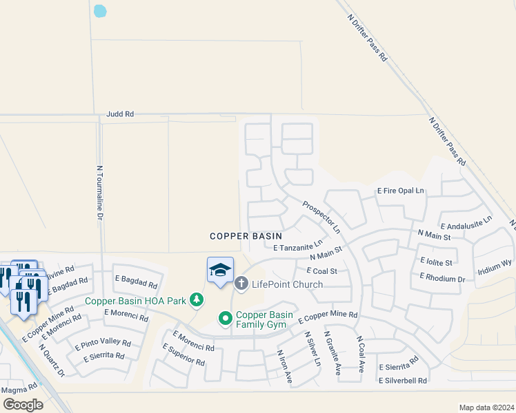 map of restaurants, bars, coffee shops, grocery stores, and more near 3883 East Rose Quartz Lane in San Tan Valley