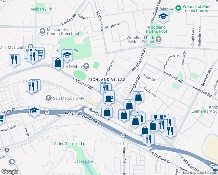 map of restaurants, bars, coffee shops, grocery stores, and more near 214 Woodland Parkway in San Marcos