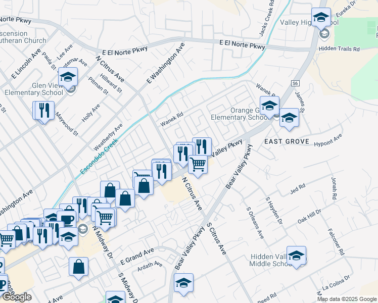 map of restaurants, bars, coffee shops, grocery stores, and more near 420 Hanford Glen in Escondido