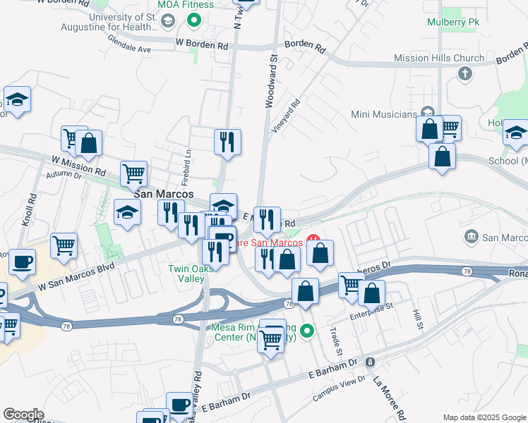 map of restaurants, bars, coffee shops, grocery stores, and more near 155 Mission Villas Road in San Marcos