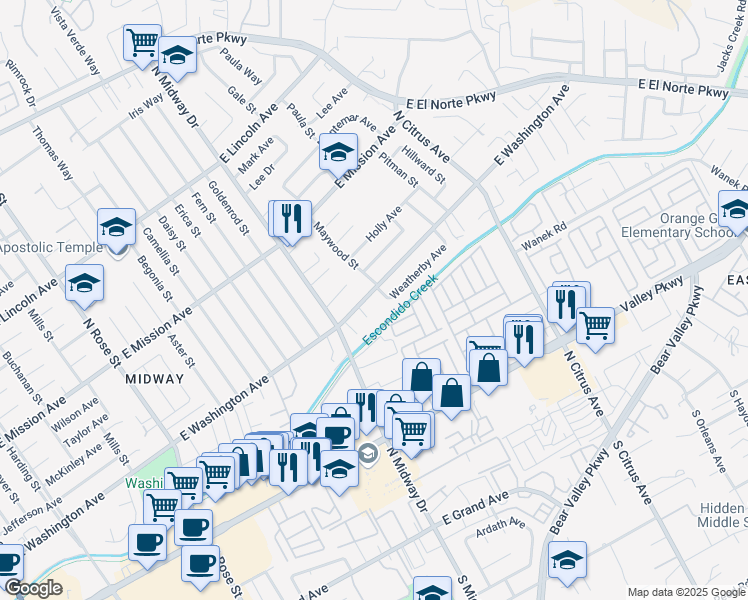 map of restaurants, bars, coffee shops, grocery stores, and more near 2049 East Washington Avenue in Escondido