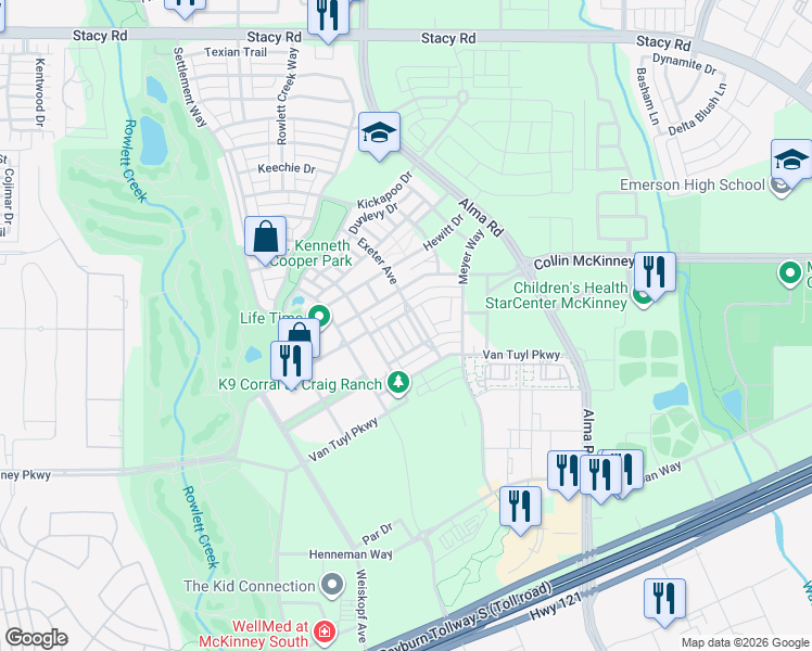 map of restaurants, bars, coffee shops, grocery stores, and more near 6208 Exeter Avenue in McKinney