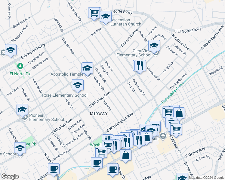 map of restaurants, bars, coffee shops, grocery stores, and more near 1768 East Mission Avenue in Escondido