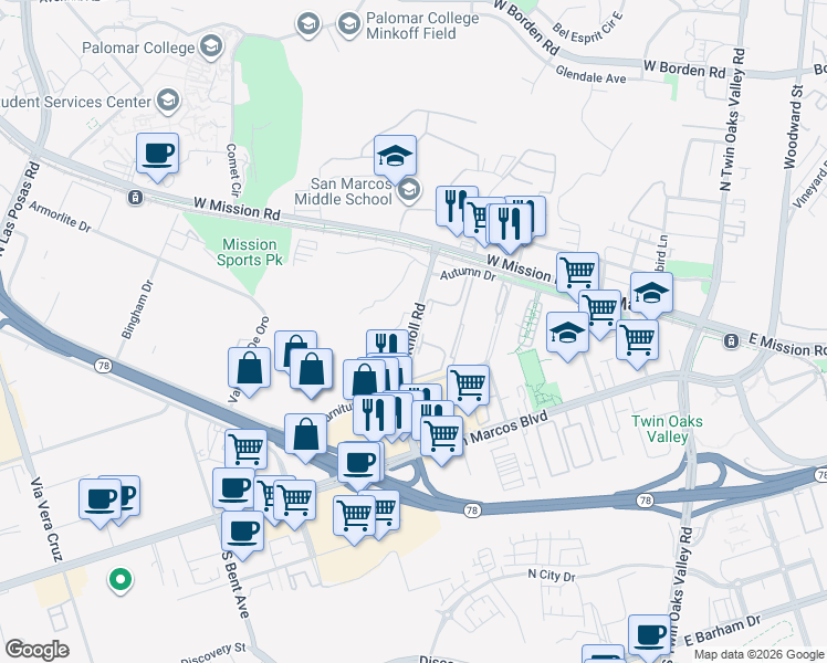 map of restaurants, bars, coffee shops, grocery stores, and more near 243 Knoll Road in San Marcos