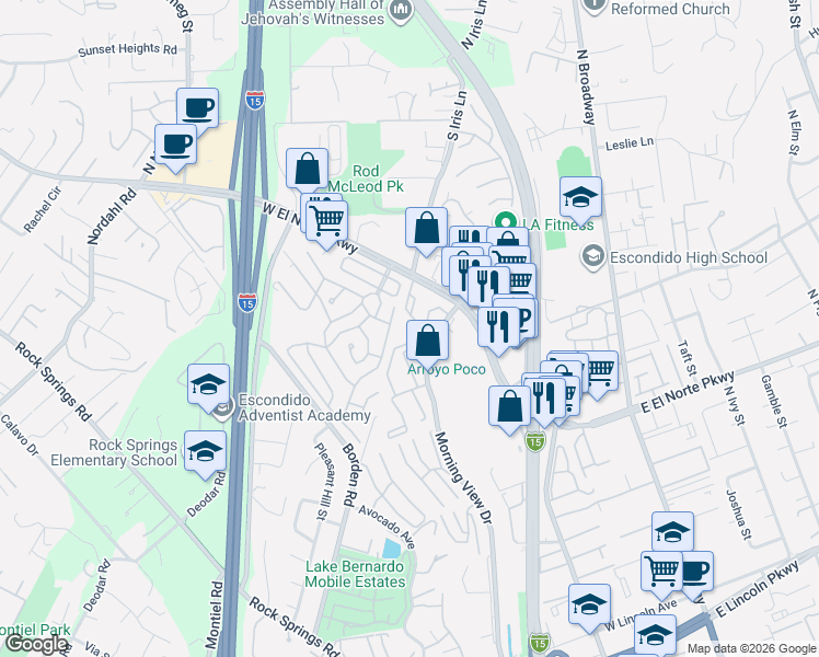 map of restaurants, bars, coffee shops, grocery stores, and more near 439 West El Norte Parkway in Escondido