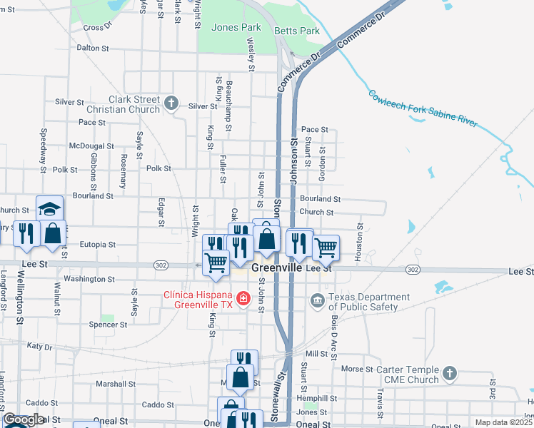 map of restaurants, bars, coffee shops, grocery stores, and more near 2103 Saint John Street in Greenville