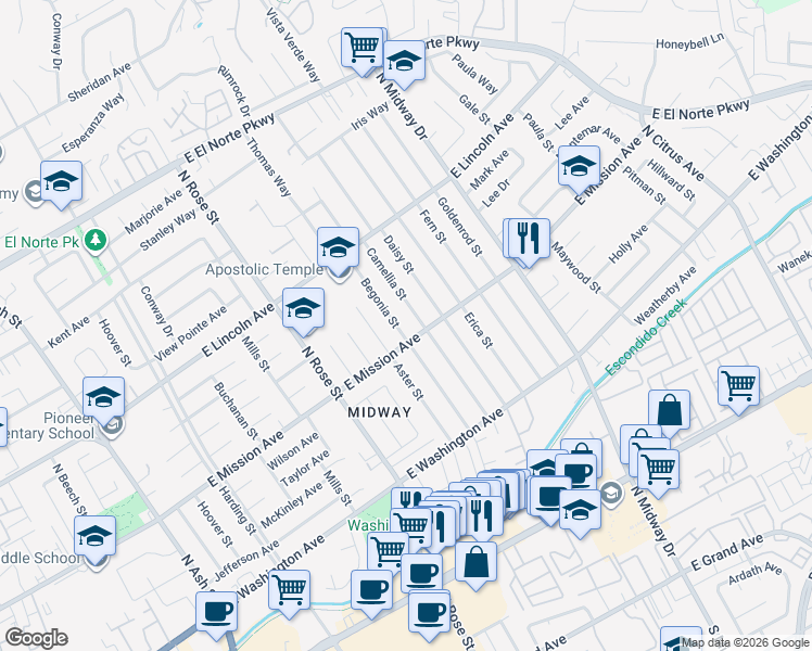 map of restaurants, bars, coffee shops, grocery stores, and more near 1768 East Mission Avenue in Escondido