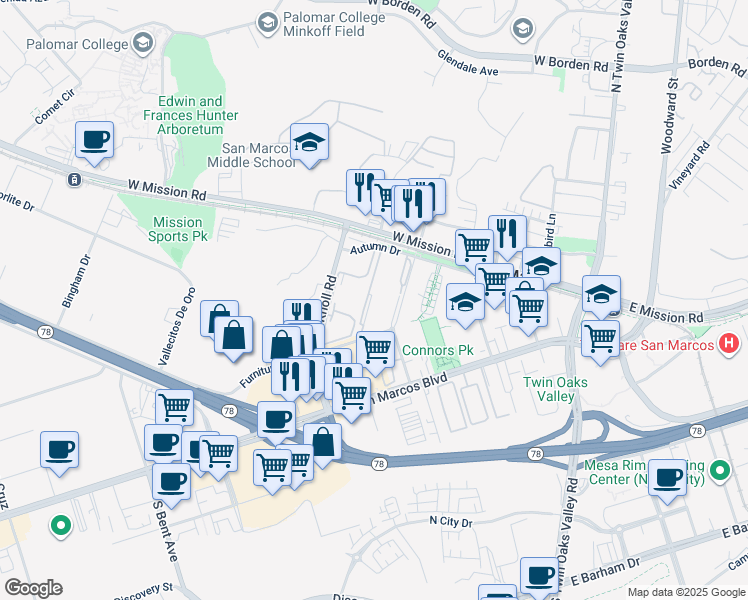 map of restaurants, bars, coffee shops, grocery stores, and more near 445 Autumn Drive in San Marcos