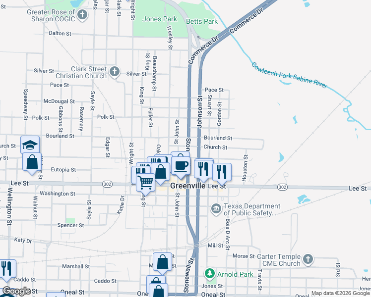 map of restaurants, bars, coffee shops, grocery stores, and more near 2103 Saint John Street in Greenville