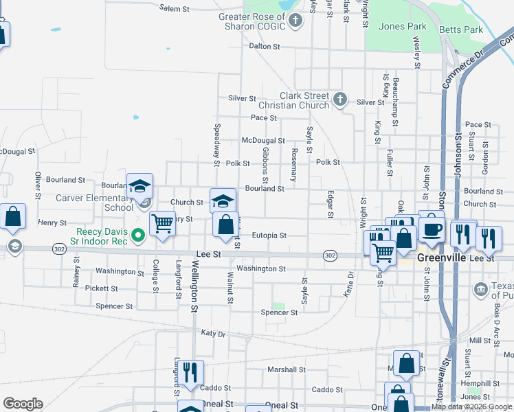map of restaurants, bars, coffee shops, grocery stores, and more near 1908 Gibbons Street in Greenville