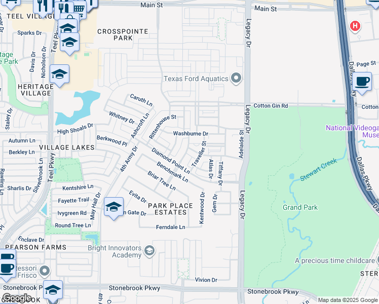 map of restaurants, bars, coffee shops, grocery stores, and more near 7713 Cassion Drive in Frisco