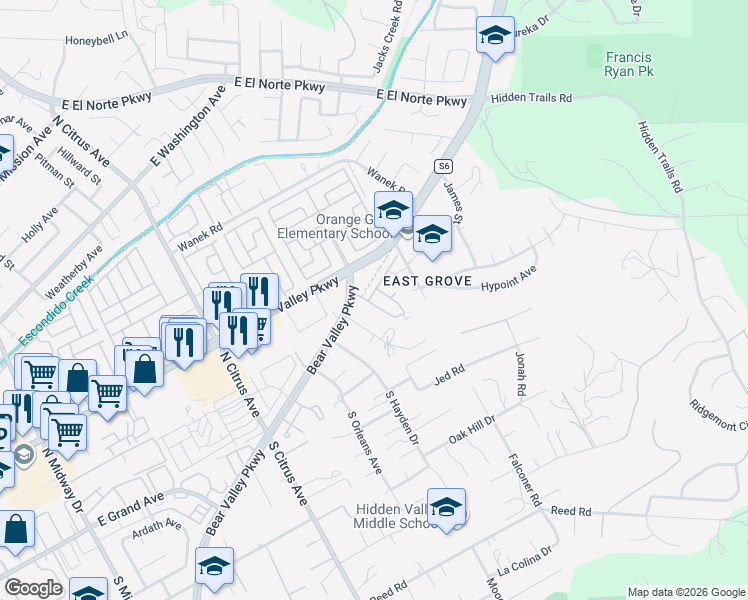 map of restaurants, bars, coffee shops, grocery stores, and more near 226 Belfast Glen in Escondido