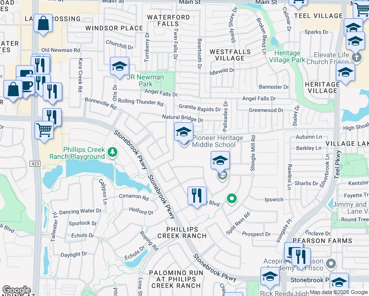 map of restaurants, bars, coffee shops, grocery stores, and more near 1649 High Shoals Drive in Frisco